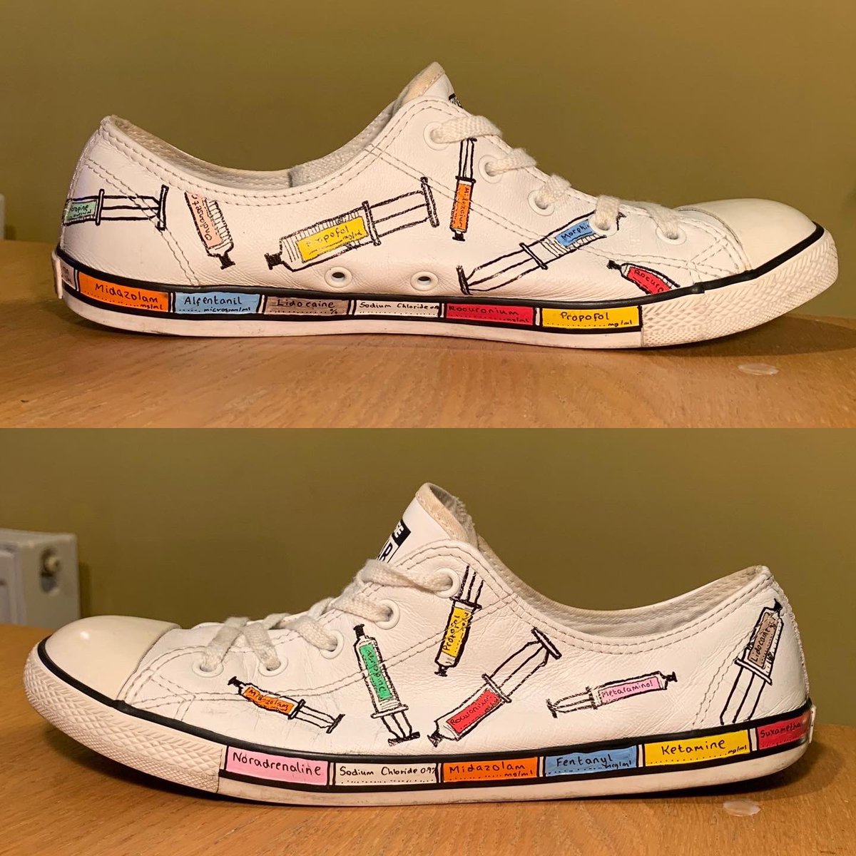 RobynBrown1991's tweet photo. Anaesthetic-themed crafting on converses! 🎨💉
#customshoes #medictwitter #medtwitter #anaesthesia #anaesthetictwitter #anesthesia #medicart #artsandcrafts #converses https://t.co/YsghQd0Zq6