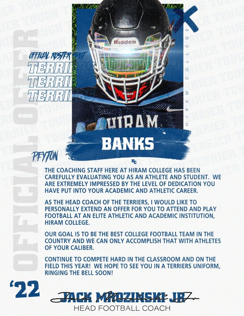 Banks3Peyton's tweet photo. After a great talk with @Coach_Mro and @Coach_ZShaw , I’m blessed to receive an offer from @Hiram_Football @BIGBANKS26 @CreekStrength @SC_BulldogFB @CoachKRHarrison @CoachMayo @RodneyLemons1 @CoachJThomas79 https://t.co/rBcdCqZH6f