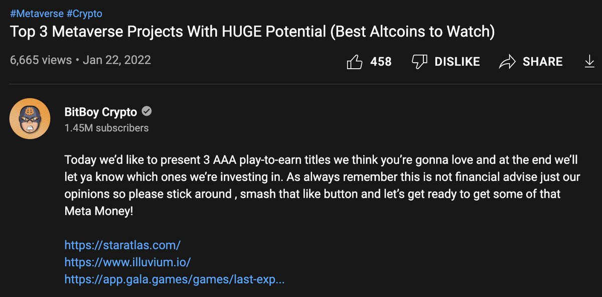 Market is down over 50% and Bitboy is still advertising "metaverse coins with huge potential".

All three of these coins are down like 70% in the last two months and STILL their fully diluted valuations are in the multi-billions. Think Gala is still like 10 billion.