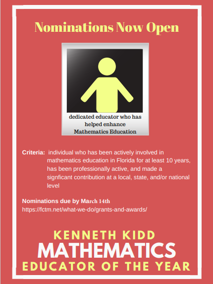 Applications are now open for the Kenneth Kidd Mini Grant and for the Kenneth Kidd Mathematics Educator of the Year.  Application deadline is 3/14. 

For more details, visit: fctm.net/what-we-do/gra…

#FCTM