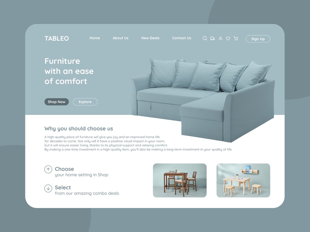 TheSholaAjayi's tweet photo. Today’s  #dailyUI challenge featuring a landing page for TABLEO, a household furniture store. 

How did I do? 
#dailyui100 https://t.co/WMxVpVWvAS