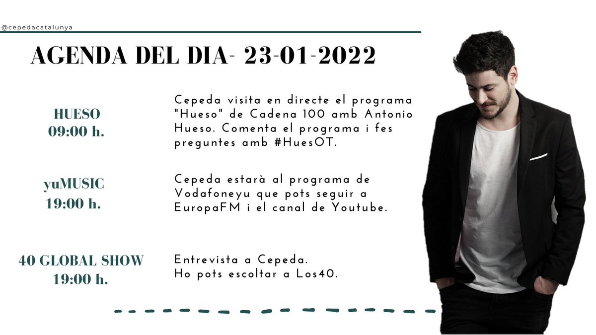 cepedacatalunya's tweet photo. 🗓️Recordem l'agenda de @cepedaoficial de demà!
🎙️9:00h. "HUESO" amb @AntonioHueso a @CADENA100. Comenta-ho amb #HuesOT
🎙️19:00h. #yuMusic a @europa_fm i al seu canal de Youtube
🎙️19:00h. @40GlobalShow a @Los40 https://t.co/7ZYQKffX3u