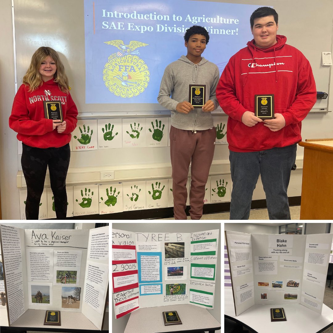 NorthScottAg's tweet photo. The 1st Annual First Year Student SAE Expo was a hit! Students showed off their work-based learning poster and their vision for their #NSFFA experience. 🎉🏆🎉 https://t.co/3HBfJ48QKg