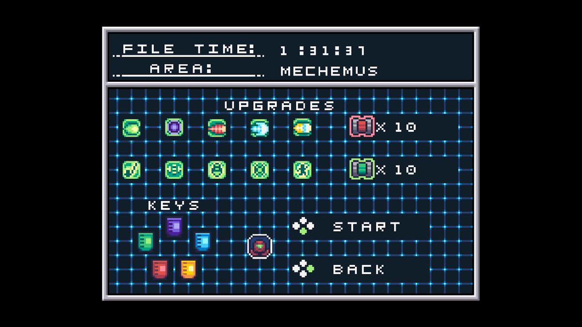 MythrilAge's tweet photo. For this #screenshotsaturday I thought I would share the file load screen. It will display things like upgrades, keys, play time, and even the area you're in!

#metroidvania #metroid #metroidhq #Pentacore  #gamedev #indiegames #PixelGameMakerMV #pixelart #indiedev https://t.co/YjI7rNPwf9