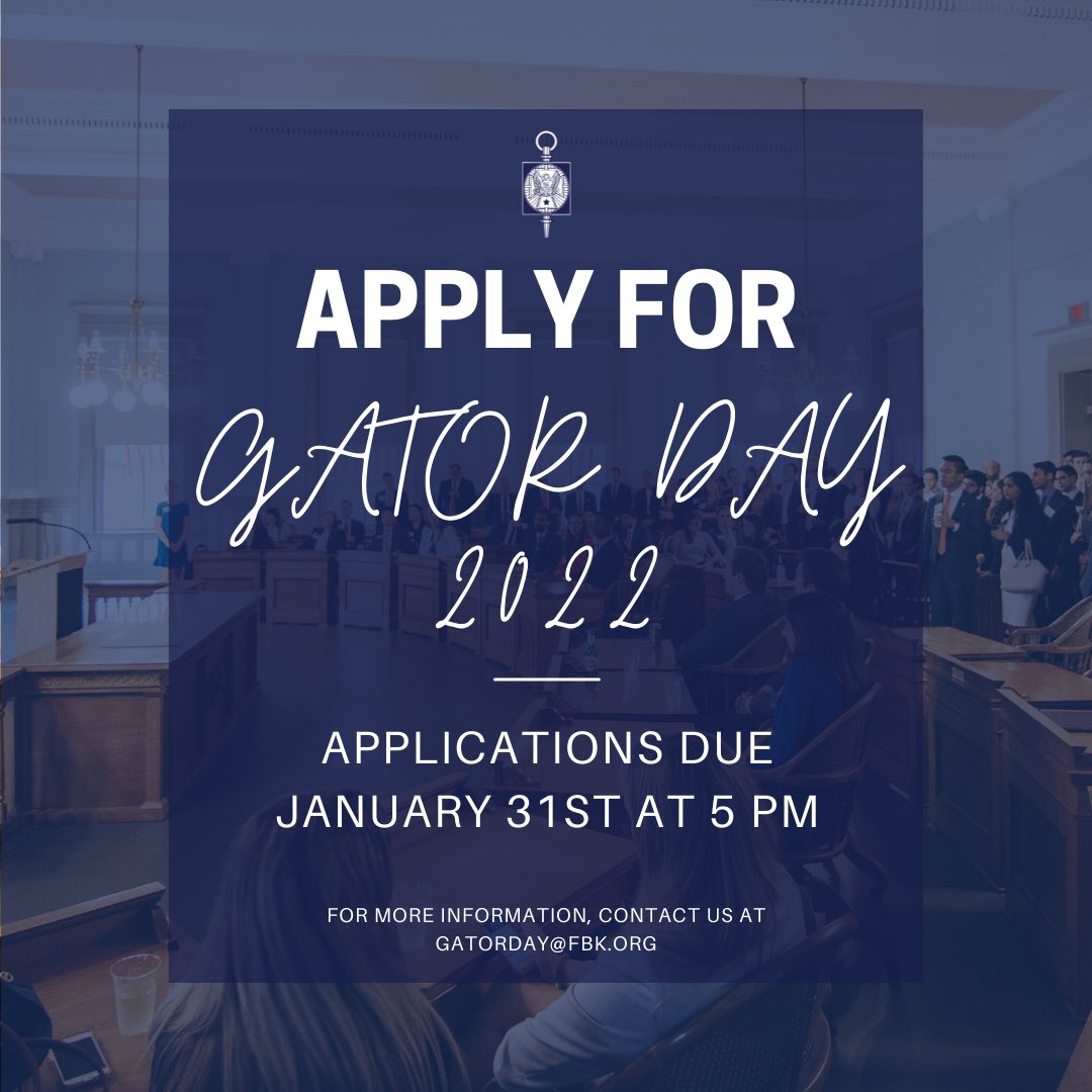 FloridaBlueKey's tweet image. Applications to attend Gator Day are now open!  Applications are due Monday, January 31st, 2022 at 5PM.  If you have any questions, please reach out to gatorday@fbk.org.  The link is in our bio!