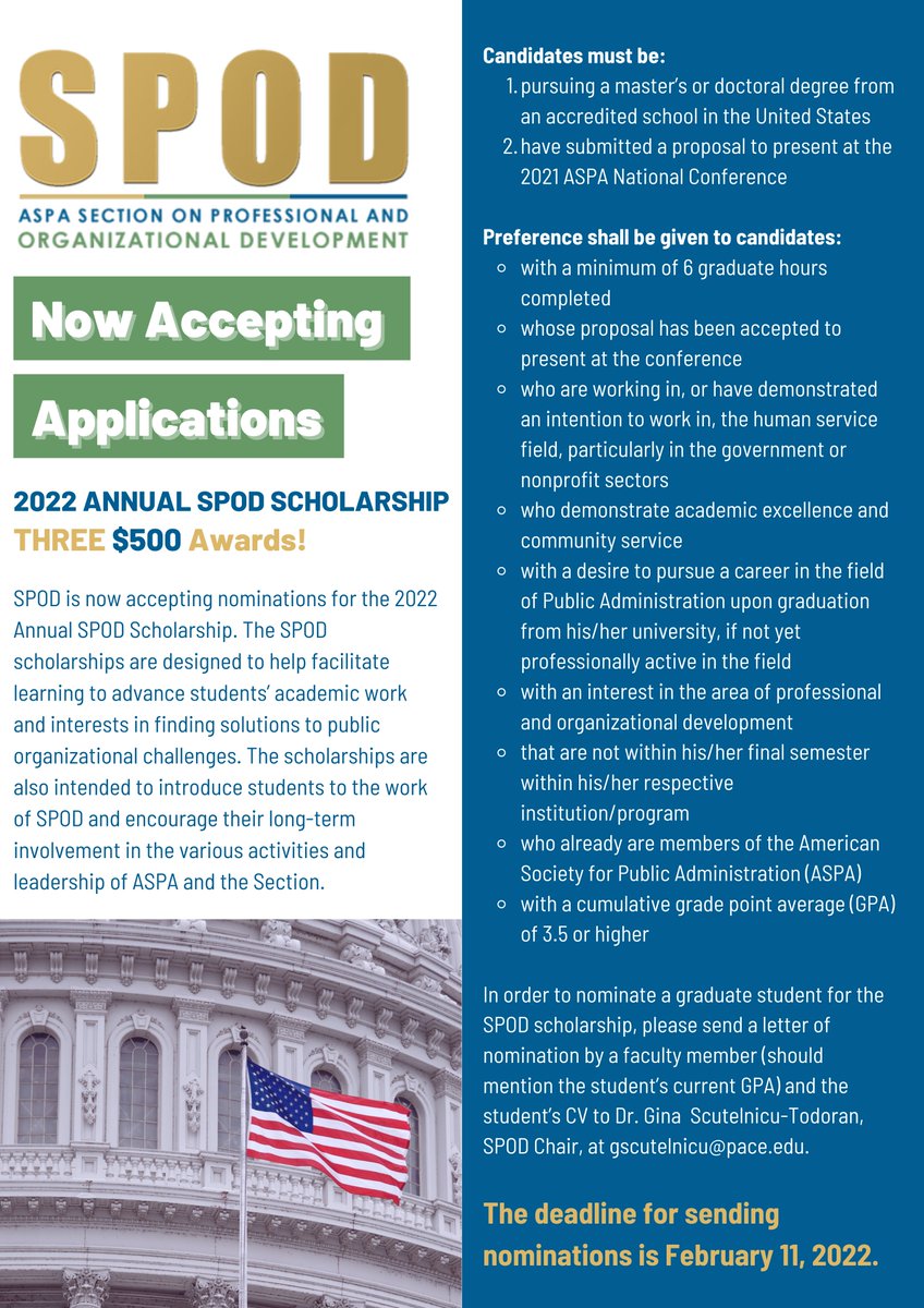 SpodAspa's tweet photo. We are thrilled to announce that the Section is now accepting nominations for THREE $500 scholarship awards! The deadline for sending nominations is Feb. 11. Mark your 🗓 and start sending in those nominations for the 2022 Annual SPOD Scholarships! 🌟 @ASPANational https://t.co/Vo9yZ0vEoC