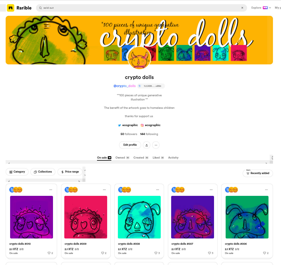 rarible.com/crypto_dolls
"100 pieces of unique generative
illustration "

The benefit of the artwork goes to homeless children

thanks for support us❤️🙏🦋
#NFTs #XTZ  #tezos #NFTs #NFTCommumity #NFTCommumity #NFTCollection #nftcollector #tezosnft #tezoscommunity #tezoscollectors