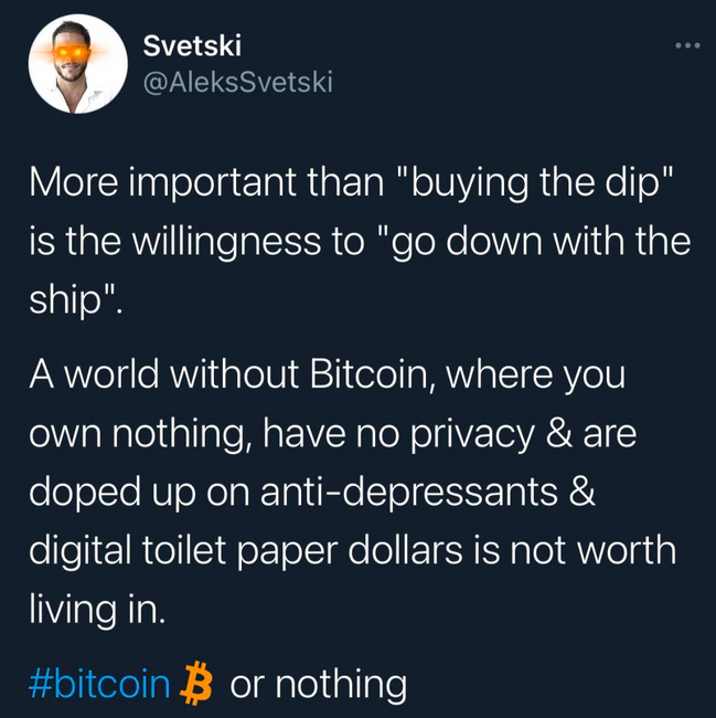 VictorErem's tweet photo. This is what normies don't get. 

The remnants don't care if Bitcoin goes to 0. 

h/t: @GhostofSvetski https://t.co/MFQOAz6M9B