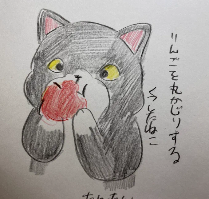 りんごを丸かじりするくつしたねこ#イラスト #猫 