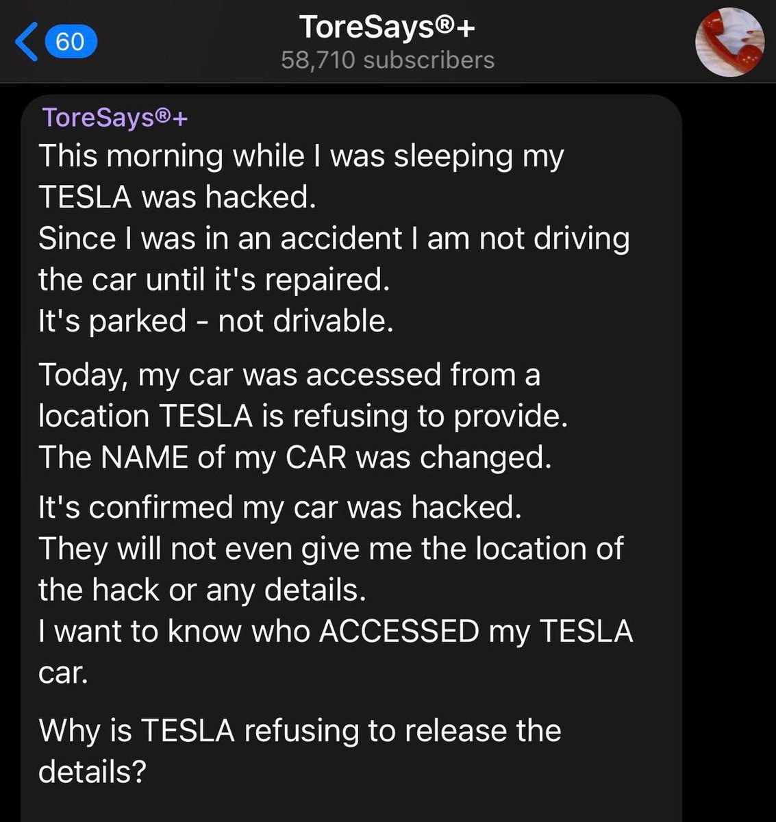 D_MO1701's tweet photo. @elonmusk
WHY:
Is You/Tesla withholding information pertaining to a "HACKED" car from the car owner??
Is You/Tesla dictating access privilege?
What are you hiding/Who are you protecting?
#toretesla
If a Tesla can be HACKED, it's NOT SAFE to operate in any capacity!! https://t.co/xF4oZWPYkF