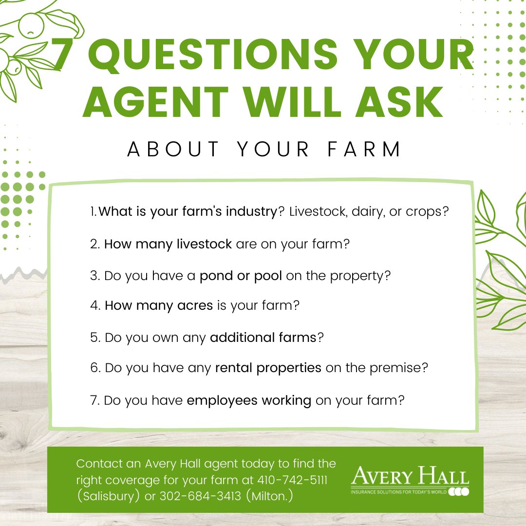 AveryHallIns's tweet image. Are you reviewing your farm coverage for 2022? Here are seven questions you can expect your agent to ask during a farm insurance consultation. Contact an Avery Hall agent today at 410-742-5111 to make sure you and your farm are covered. #farminsurance #insuranceconsultation