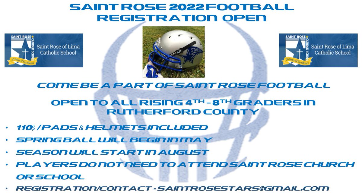 SaintRoseStars's tweet photo. Saint Rose Football Registration is now open.
Contact SaintRoseStars@gmail.com for more information. https://t.co/dNuYnoaVWz
