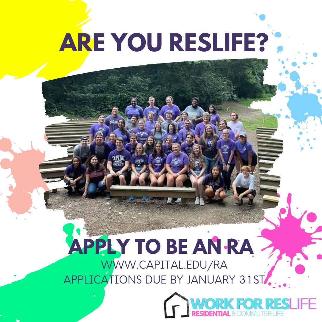 Are you ResLife? Be a leader of your Capital community by becoming an RA!
Apply by January 31st at capital.edu/ra/

#capreslife #ra #liveconnected #capitalu