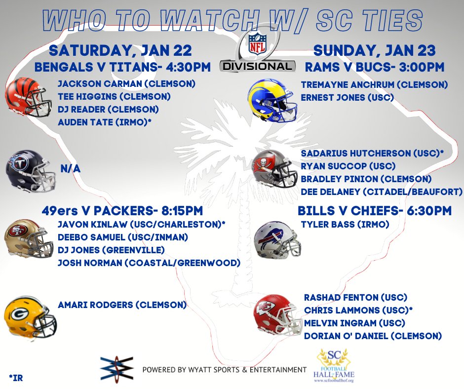 SCFootballHOF's tweet image. Who to Watch this Weekend...#NFLPlayoffs #SCStrong 💪#SCPros #SCFHOF #CarolinaMade #ActiveRoster

@SportsEntMgmt x #SCFHOF I #Prepare I #Excel I #Succeed