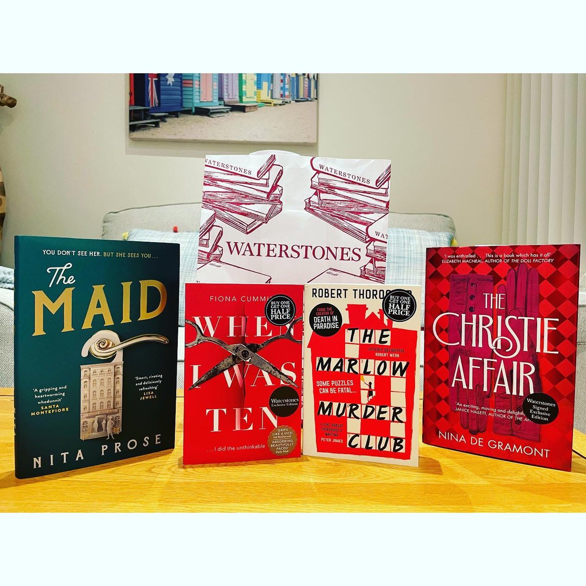 Look at those #spredges 😍 Picked up from @WaterstonesLPL ❤️📚

💚 #TheMaid by @NitaProse 
✂️ #WhenIWasTen by @FionaAnnCummins 
❤️ #TheMarlowMurderClub by @RobertThorogoo2 
🕵️‍♀️ #TheChristieAffair by @NinadeGramont 

#booktwt Which one should I delve into first?