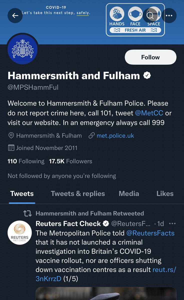 CovidRadicals's tweet photo. More bad news for the 6029679/21 #Antivaxxers

The account of Hammersmith and Fulham have retweeted the Reuters Fact Check on the mythical crime investigation they’re meant to be carrying out.. https://t.co/kWQz9usORw