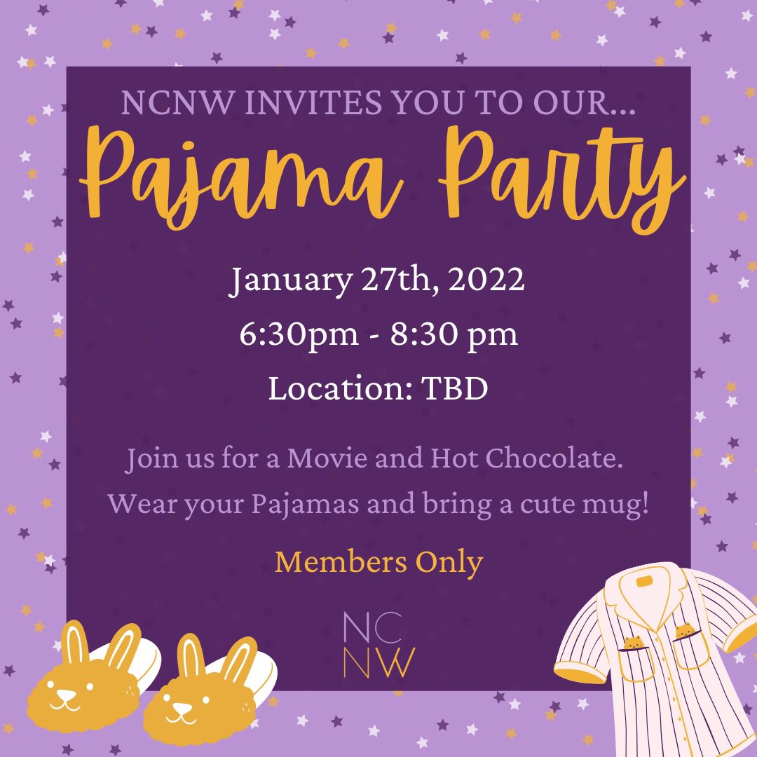 It’s about that time for the NCNW Annual Sleepover! This Thursday wear your comfiest pajamas and bring a cutest mug for hot chocolate ✨We can’t wait to see you✨

🤍Location to be released this week in the official members GroupMe 💜