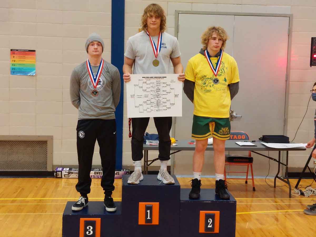 Dominic Thebeau at the top of the podium Champion @ 182 lbs. Stagg High School Wrestling Tourney.
