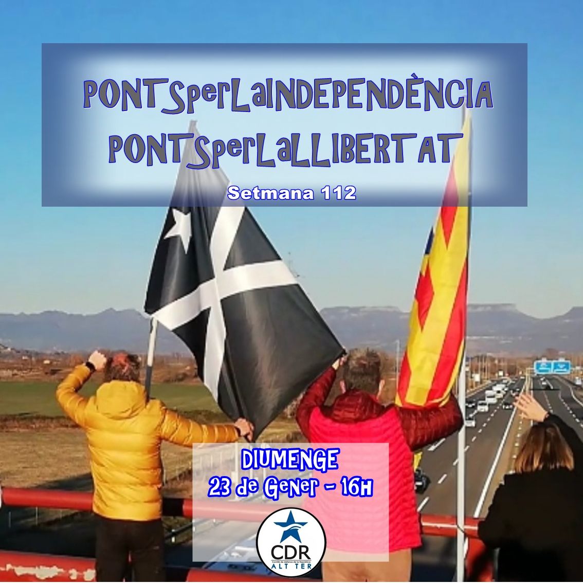 #PONTSperLaINDEPENDÈNCIA
Seguim una setmana més, i ja en són 112 ✊

 DIUMENGE 23/01/22 a les 16H.
📍 #VIC: Pont de Malla C-17
📍 #ORÍS: Pont Can Branques C-17
📍 #GURB: Pont de Gurb C-25

Ni un pas enrere!
VINE! 

#AltTer
#PONTSperLaLLIBERTAT
#PONTSperLaREPÚBLICA