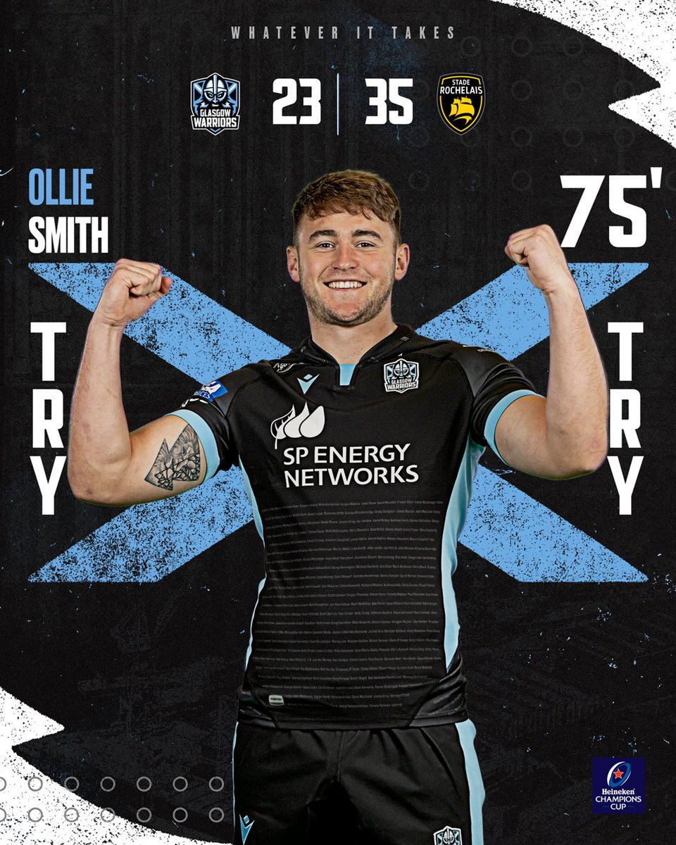 75' | TRY!!! Ollie Smith 😍 Straight on to the park and straight over for his first try in the Glasgow colours. Duncan adds the extras

📲 Follow the game in our match centre for live commentary: bit.ly/3FSleYv