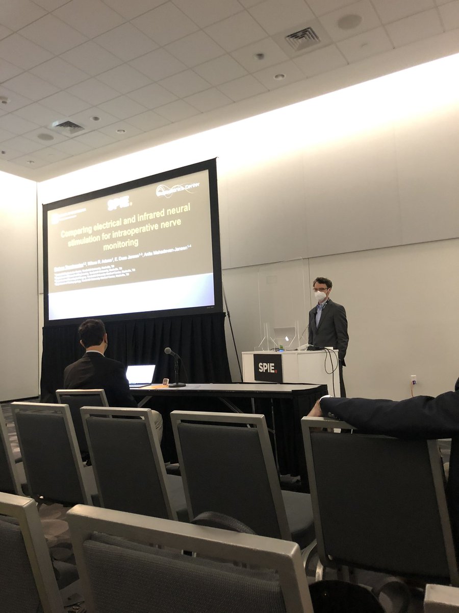 VU_Biophotonics's tweet photo. Starting off some highlights of our students and their talks at #PhotonicsWest : @throcketman gave a great talk comparing electrical stimulation and infrared neural stimulation for intraoperstibe nerve monitoring this morning https://t.co/SPOGw6M4Gy