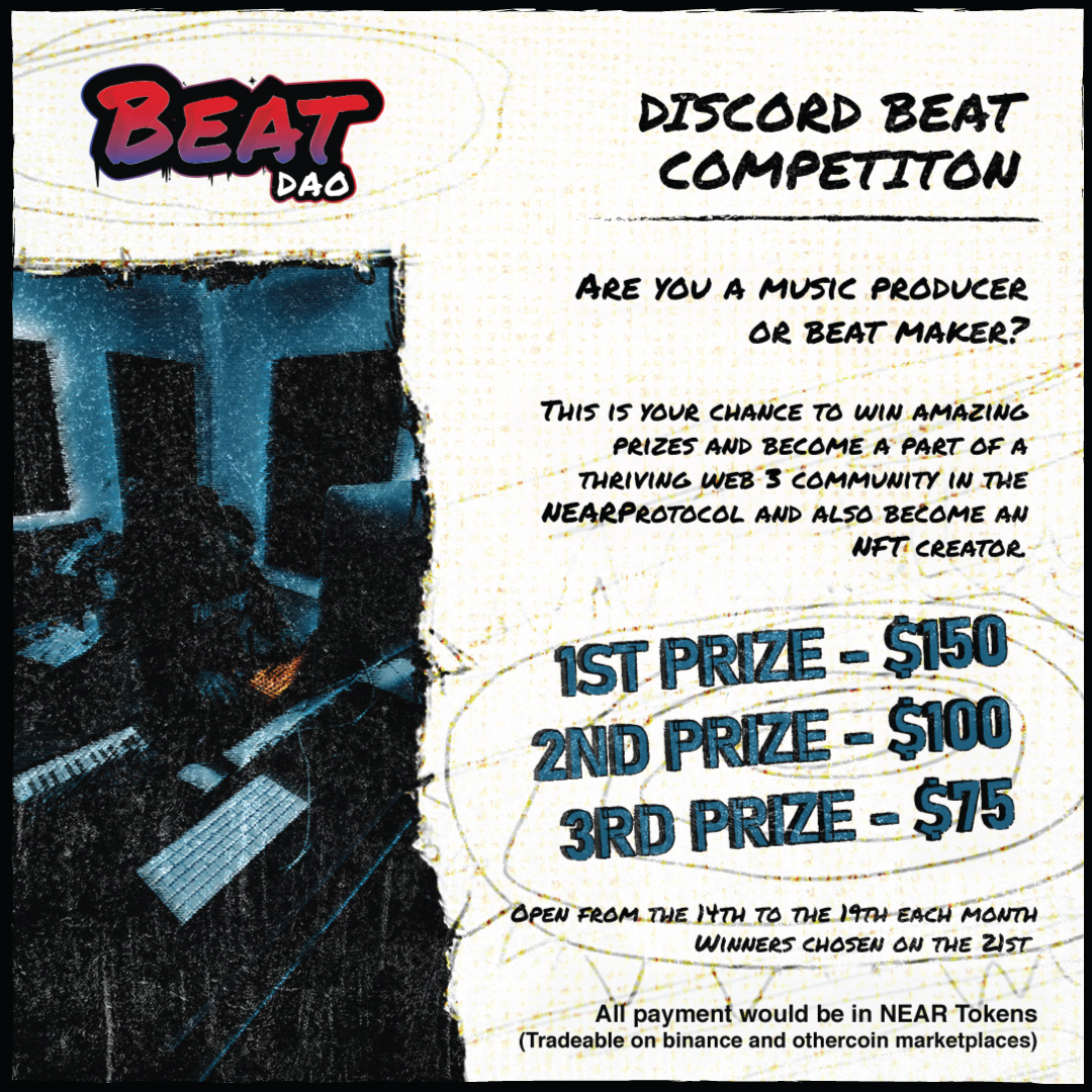 beatdaonear's tweet photo. Do y'all want to hear some fire?
🔊⤵️
https://t.co/WLtn0Q1Chl
The beat competition is a monthly event that enjoins music producers within and outside the #web3 creative space to submit beats for evaluation by the BeatDAO.
Winners will be announced shortly!
#NEARmixtape #NEAR https://t.co/8pGXonOsKj