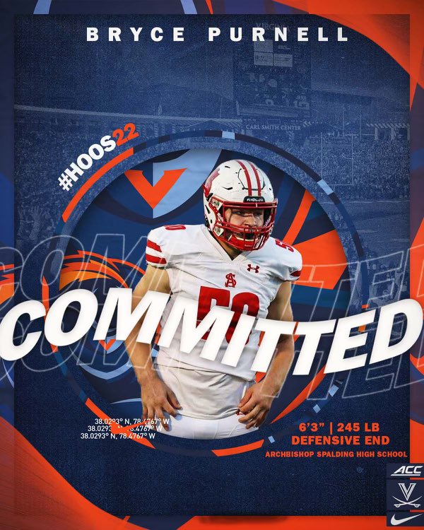 Bryce_Purnell's tweet photo. Looking forward to the next 4 years in Charlottesville! I appreciate all the help and support from Coach Schmitt and the rest of the Spalding football community. #hoos22 https://t.co/pkGFMnoEGi