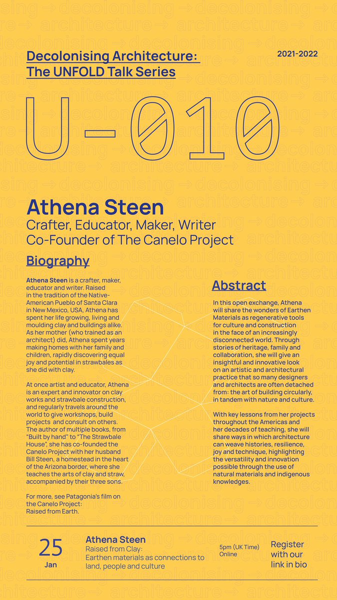 Decolonising Architecture (@decolonise_arch) on Twitter photo We are so excited to invite you to our first UNFOLD Talk of the term, with Athena Steen joining us virtually from Arizona at 5pm (UK Time), Tue 25th Jan to discuss her work as a crafter, educator, maker, writer and co-founder of The Canelo Project. Sign up …foldtalk-athenasteen.eventbrite.co.uk We are so excited to invite you to our first UNFOLD Talk of the term, with Athena Steen joining us virtually from Arizona at 5pm (UK Time), Tue 25th Jan to discuss her work as a crafter, educator, maker, writer and co-founder of The Canelo Project. Sign up …foldtalk-athenasteen.eventbrite.co.uk