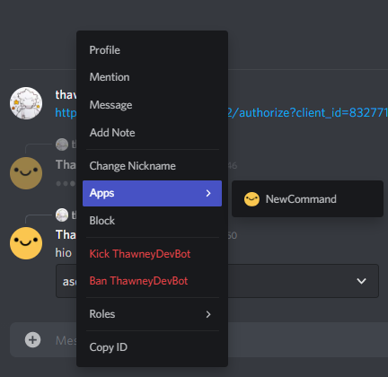 _thawney's tweet image. Only now discovered you can make your bot have commands that activate when you right-click a server member. Totally making this another way you can give someone a Pretty Rock