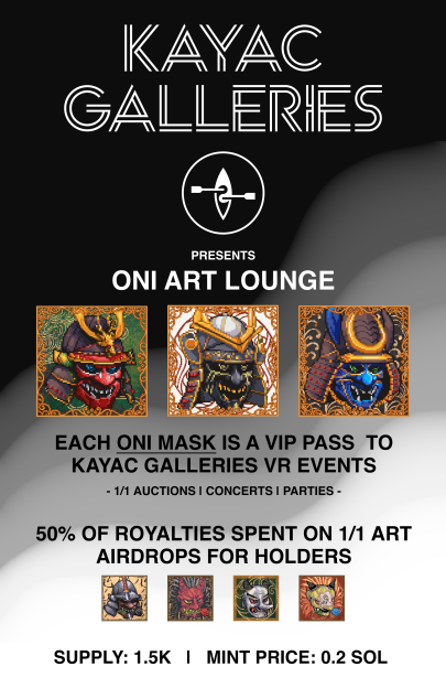 orangefocal's tweet photo. Kayac Enterprises: Kayac Galleries: Oni Art Lounge

Kayac Galleries is a VR auction house/club/event hall.

Oni Art Lounge is a collection of these Oni Mask PFP NFTs that act as VIP passes to Kayac Galleries events. https://t.co/IKgGgnRMXb