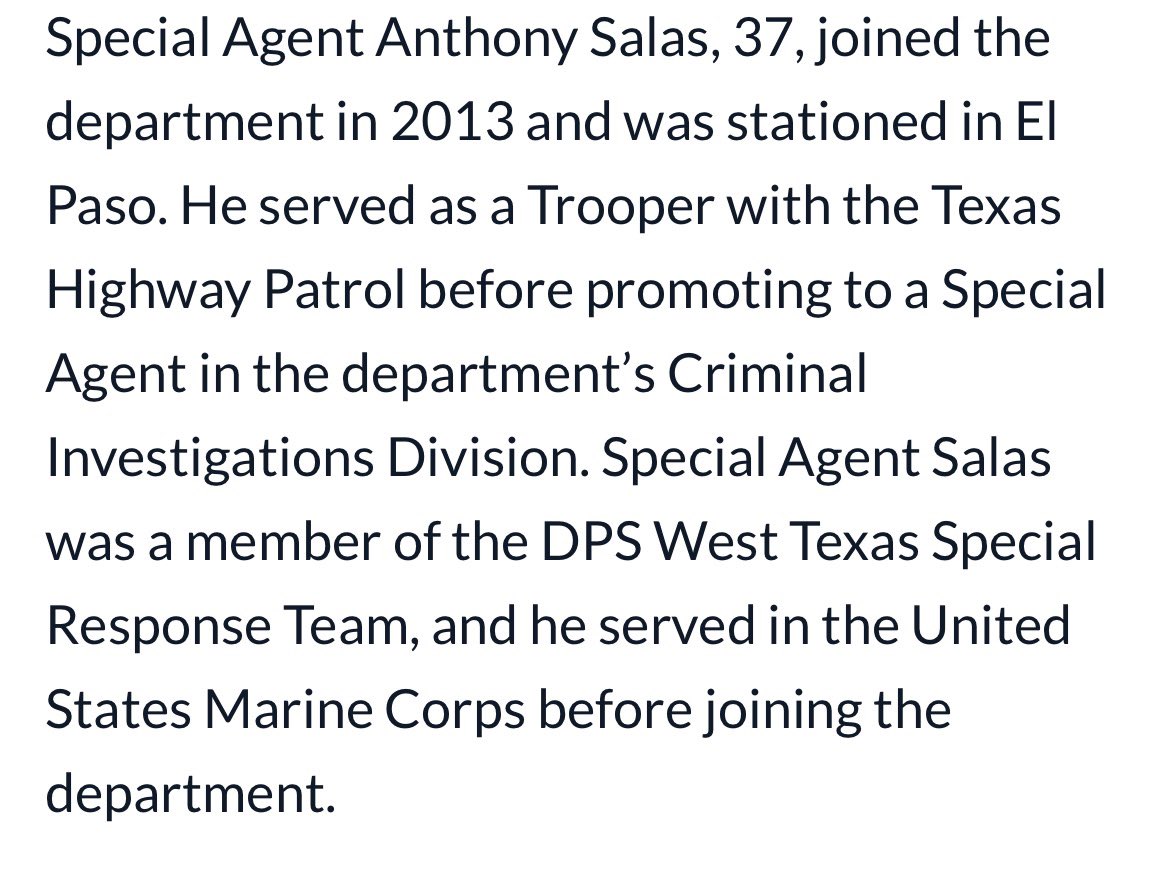 NEW: A <a href="/TxDPS/">Texas DPS</a> trooper has died after he was involved in a car accident while helping Border Patrol apprehend 6 illegal immigrants in Eagle Pass, TX last night. Special Agent Anthony Salas is the first line of duty death as part of Operation Lone Star. He was 37. RIP. <a href="/FoxNews/">Fox News</a>