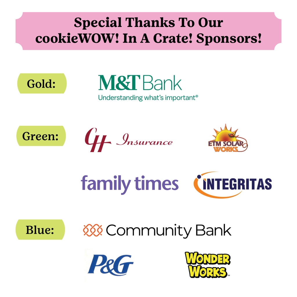 GSNYPENN's tweet image. Thank you to our cookieWOW! in a Crate! sponsors: @MandT_bank, @CH_INS_AGENCY, @etmsolar, @CNYFamilyTimes, Integritas, Community Bank, @ProcterGamble and @WonderWorksDUSA!