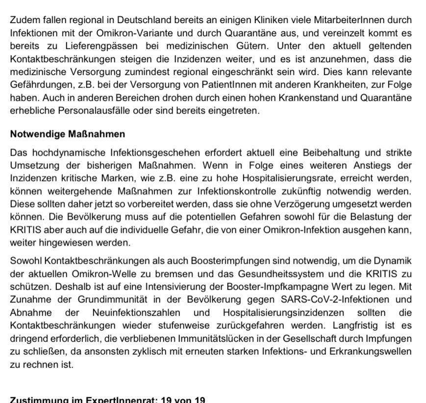 #Expertenrat-Stellungnahme
- Infektionslage mit Omikron hochdynamisch
- KRITIS und Hospitalisierungsinzidenz genau beobachten
- Aktuell keine Empfehlung für neue Maßnahmen
- Bei Rückgang von Infektionen/Hospitalisierungen: Kontaktbeschränkungen stufenweise zurücknehmen