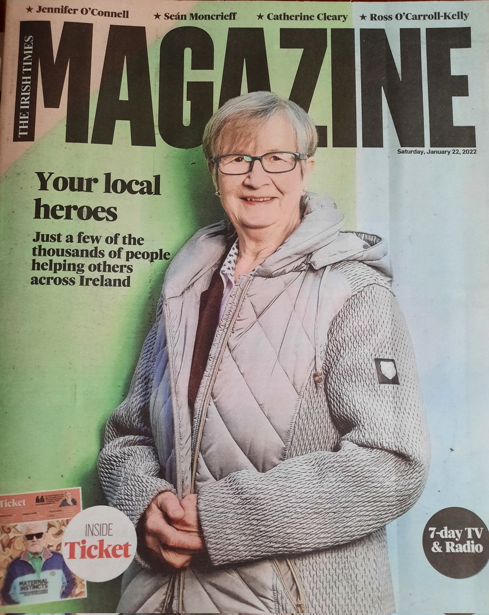 DeskJustice's tweet photo. Our very own Sr. Jo holds the front page of the Irish Times Saturday Magazine- local heroes. The write up is also included. Congratulations Sr. Jo Cork @CorkMigrant @NanoNaglePlace https://t.co/lhYX7Jkync