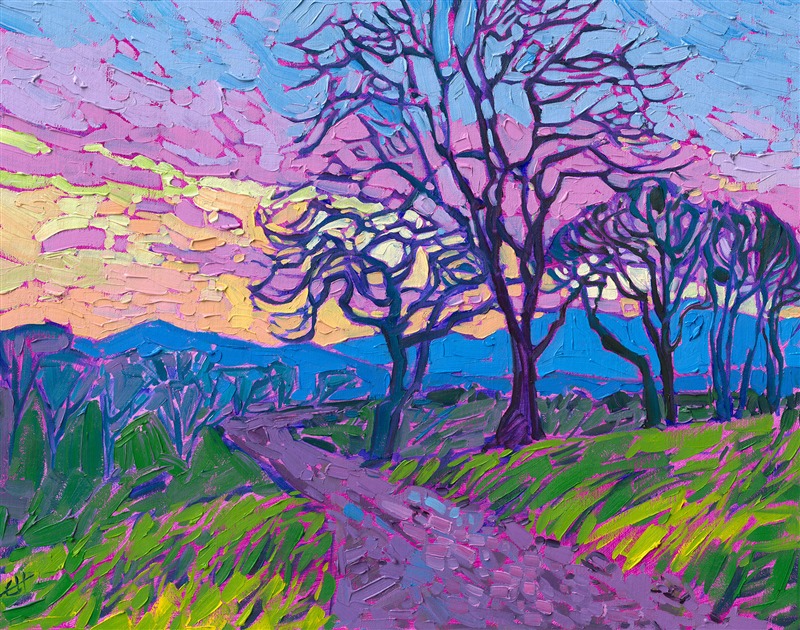Willamette Oaks
by Erin Hanson, 2022
16 x 20 in

A grove of winter-bare oak trees stands along a winding road in Oregon's wine country. The brush strokes in this painting capture the mosaic quality of light appearing through the tree branches.

erinhanson.com/portfolio/Will…

#ORwine