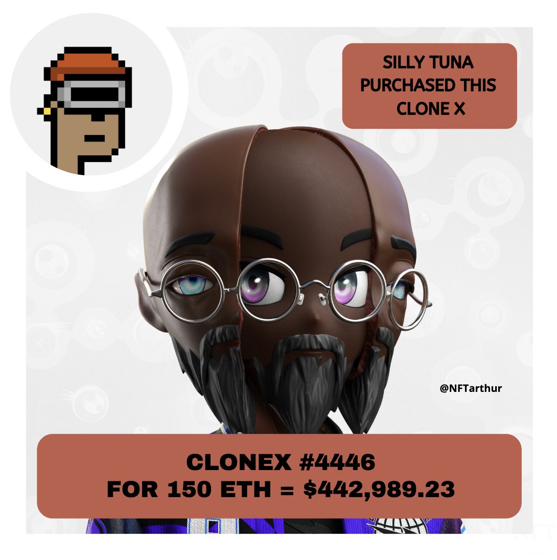 NFTarthur's tweet photo. In the last 48 hours 2 Clone X from @RTFKTstudios  sold for an astonishing price 🚀

👉🏻 Clone X #4446 sold for 150 ETH = $442,989.23 &amp; was purchased by @sillytuna  

👉🏻 Clone X #17305 sold for 177 ETH = $459,969.90 &amp; was purchased by NFT-GALAXY

Congrats to both new owner 👏🏻 https://t.co/O1ecss2OV2