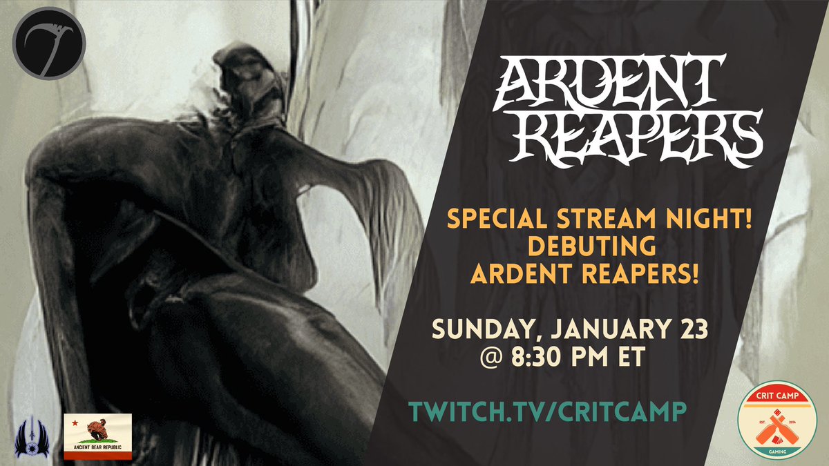 CritCamp's tweet photo. Sunday, January 23rd @ 8:30PM ET - We are excited to debut the newest procedurally generated card game on The Camp: ARDENT REAPERS!

We’ll be going over the rules &amp; playing our first decks! 

Get yours @ https://t.co/6tilWmnznz now!

https://t.co/ky9GC4r751 https://t.co/3TpyxDZPKt