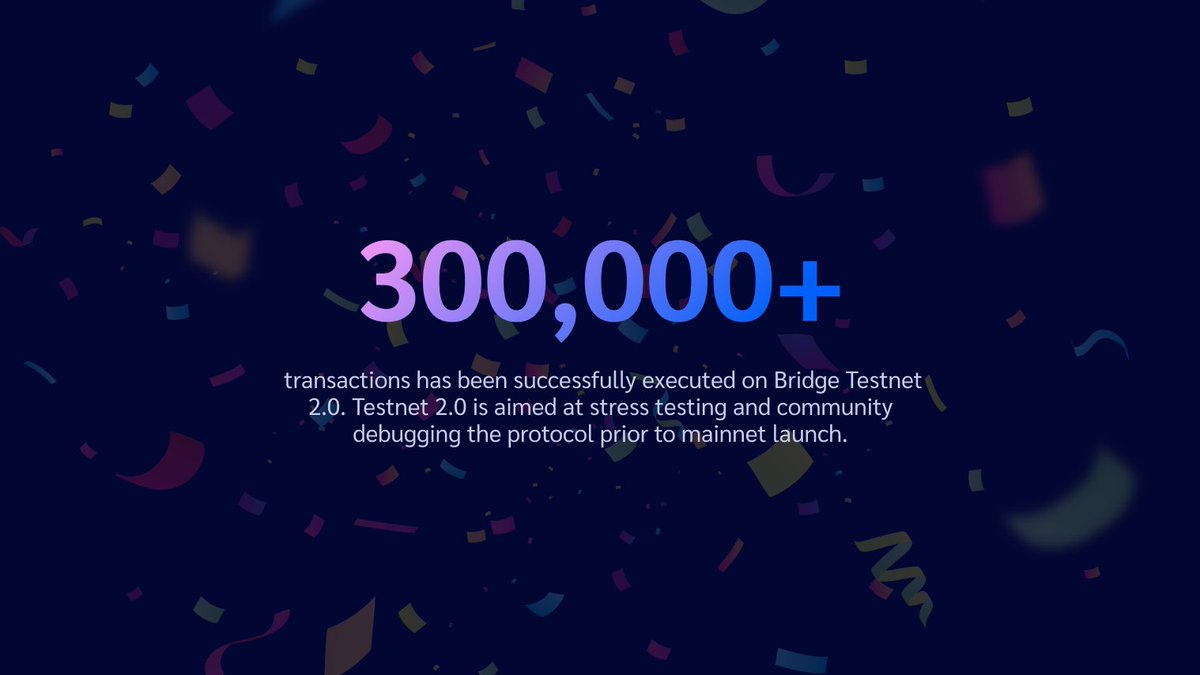 bridgenetwork0x's tweet photo. We did it! 🎉
300,000+ transactions and an incredible community!

Thank you to everyone who participated in the testnet incentive program. This program is now officially closed. 

Get ready, token launch is coming up next! LFG 🚀

#staytuned #bridge https://t.co/yPISGotBgK