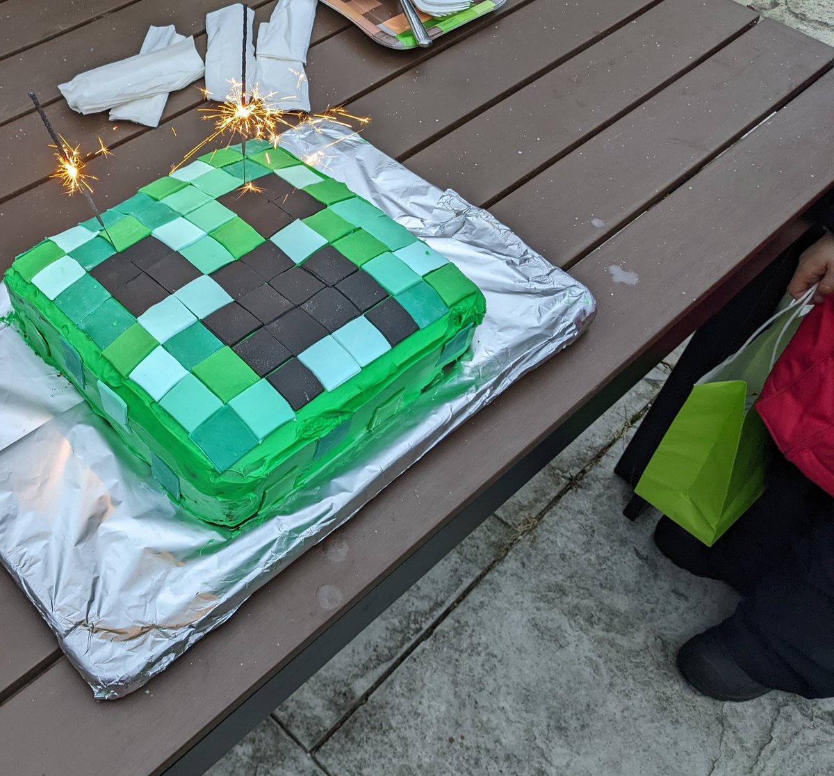 Timinator's tweet photo. Managed to pull off an 8 year old's outdoor birthday party this afternoon: five other kids joined for a Minecraft-themed treasure hunt in Point Pleasant Park; then piñata, cake (both also Minecraft), and hot chocolate all in our back yard. #covidstyle https://t.co/bbHVMYOxO6