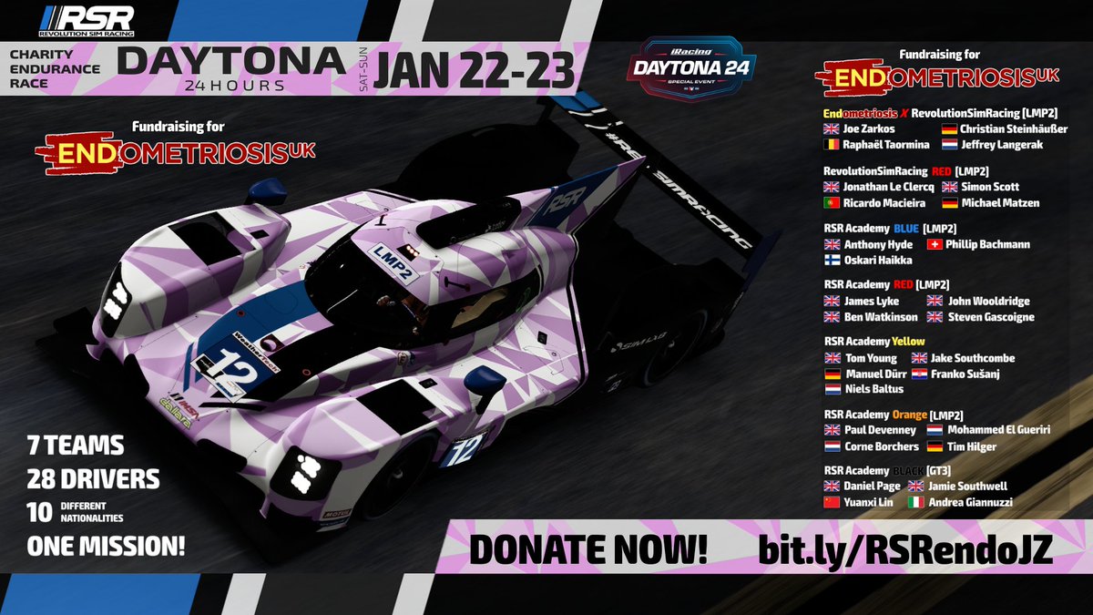 Fundraising for <a href="/EndometriosisUK/">Endometriosis UK</a> : raised £2,814 (93%) of £3000 target!

DONATION LINK: bit.ly/RSRendoJZ

Current race positions:
Endometriosis x RevolutionSimRacing P16
RSR 🔴 P15
Academy 🔵 P15
Academy 🔴 P14
Academy 🟡 P19
Academy 🟠 P5
Academy ⚫ P13

KEEP PUSHING! 👊