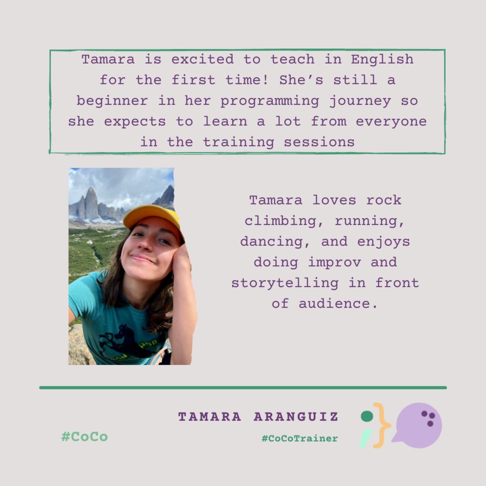 CodeCommunicate's tweet photo. Tamara loves rock climbing, running, and dancing, plus enjoys doing improv. and storytelling in front of audiences.🧗🚶♀️ Amazing! Welcome to the #CoCoTeam Tamara!
#CoCoTrainers #CoCoCoding #CoCo2022 #EnglishVersion #CoCoAnnouncements https://t.co/ih8SIbN6Fl