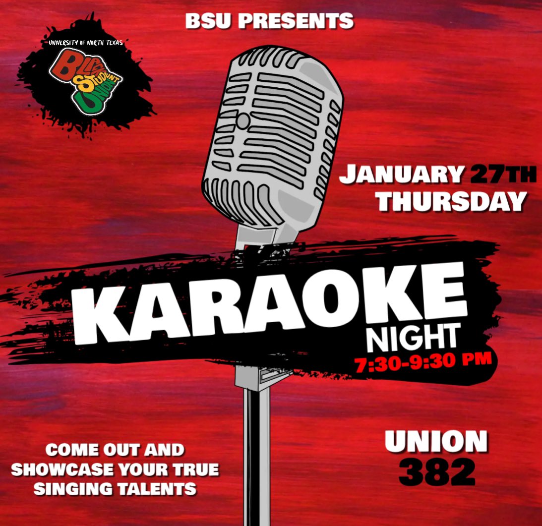 untBSU's tweet photo. BSU PRESENTS…
Spring Kick Off Week ft. BSU 📍

Check out our 2 events for this upcoming kick off week!! 

Tuesday: JOIN BSU NIGHT ✊🏾
Thursday: BSU KARAOKE NIGHT 🎙 

Make sure you come out to our events this week! We know you’ve missed us but, we’re back and we’re BETTER ⭐️ https://t.co/rSCcNO7x8v