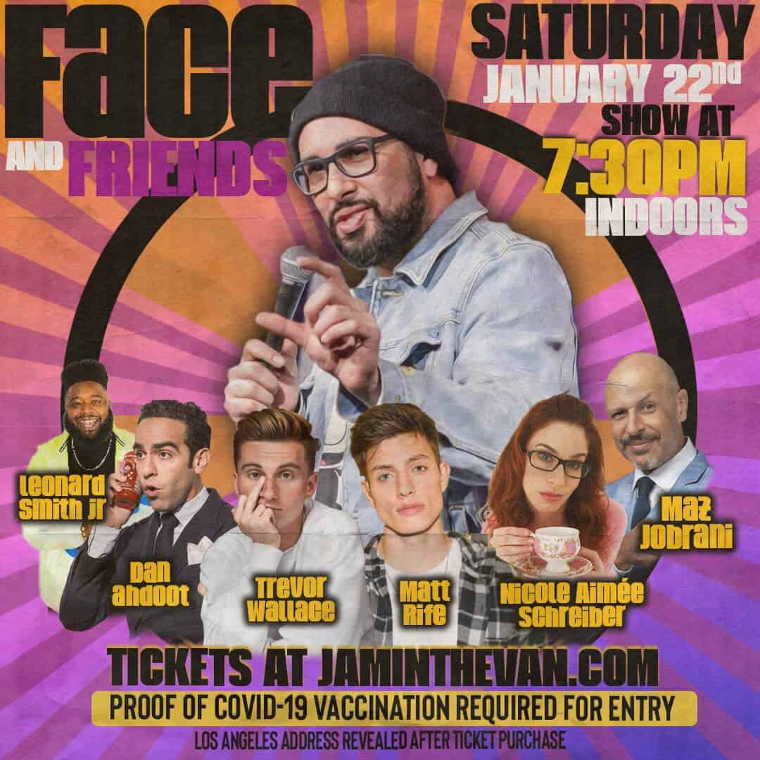 Jaminthevan's tweet photo. Tonight at 7:30 @Face_Law And Friends featuring @MazJobrani @TrevWall @mattrife @nicoleaimee @standupdan @_LeonardSmithJr https://t.co/1ewyD4rMWa #jitv #comedy https://t.co/c5Ly7GYQyU