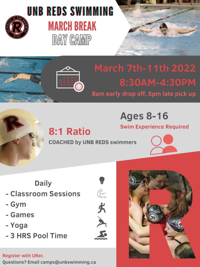 The UNB Reds Swimming Team is excited to announce our 2 March Break Swim Camps. For more details, check out this link: recreation.unbf.ca/Program/GetPro…