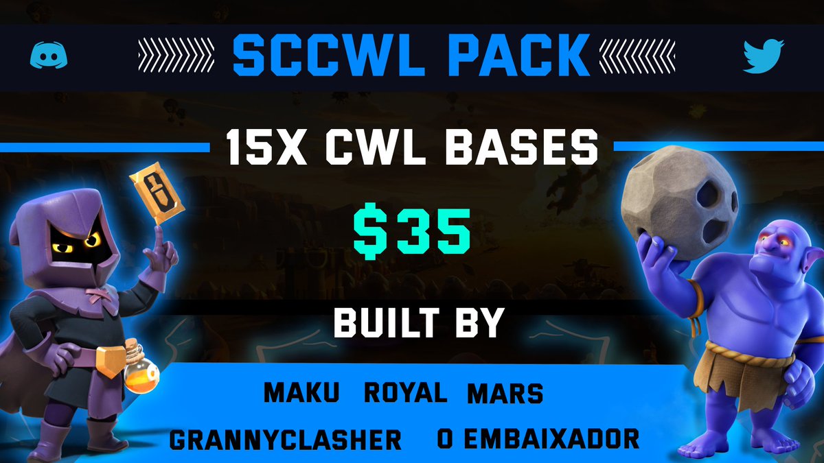 With 10 days before CWL, come get you and your clan some OP bases from New Wave Base Building to help defend and help you reach for a promotion!💙

Pre Order our CWL pack now!🔥
#ClashofClans 

discord.gg/4m2Qw35VpJ