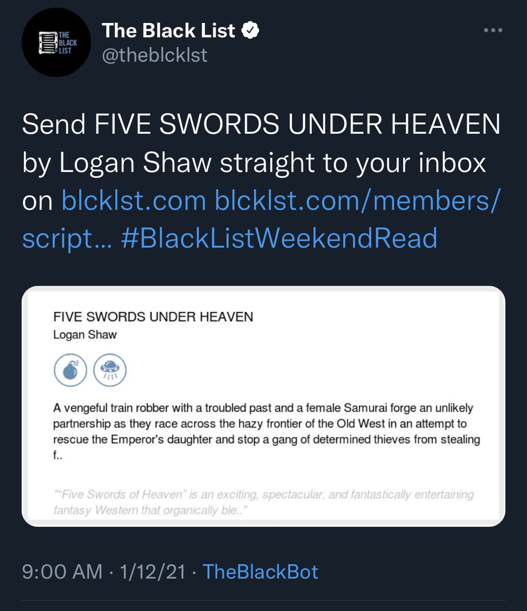 loganwrotethis's tweet image. Shameless self-promotion seemingly never ends. Sorry. 

blcklst.com/members/script…

blcklst.com/members/script…