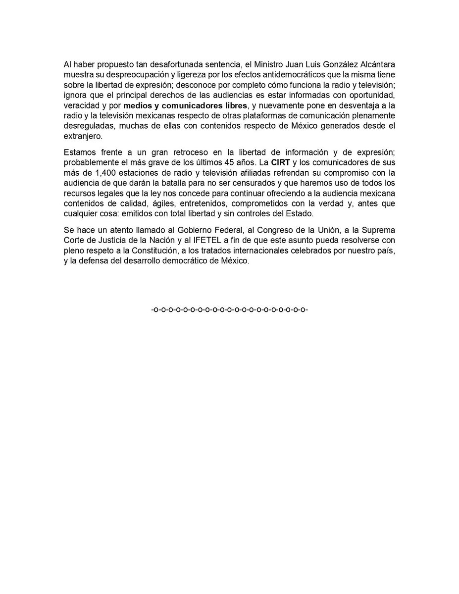 Informe24Online's tweet photo. 📍 Compartimos un comunicado de la Cámara Nacional de la Industria de la Radio y Televisión CIRT 🔴 #ComunicadoCIRT https://t.co/v6TnXGvuTY