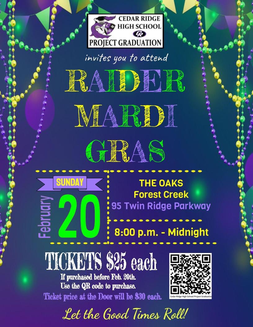 📣Hey hey hey Raider Nation CRHS PG 2022 is hosting a Raider Mardi Gras Dance February 20th! Open to all CRHS students! Early bird tickets $25 until 2/19, at the door $30 at the door! To purchase your tickets please click the link ⬇️⬇️⬇️
square.link/u/sJCOzL5o

 🥳 🎭