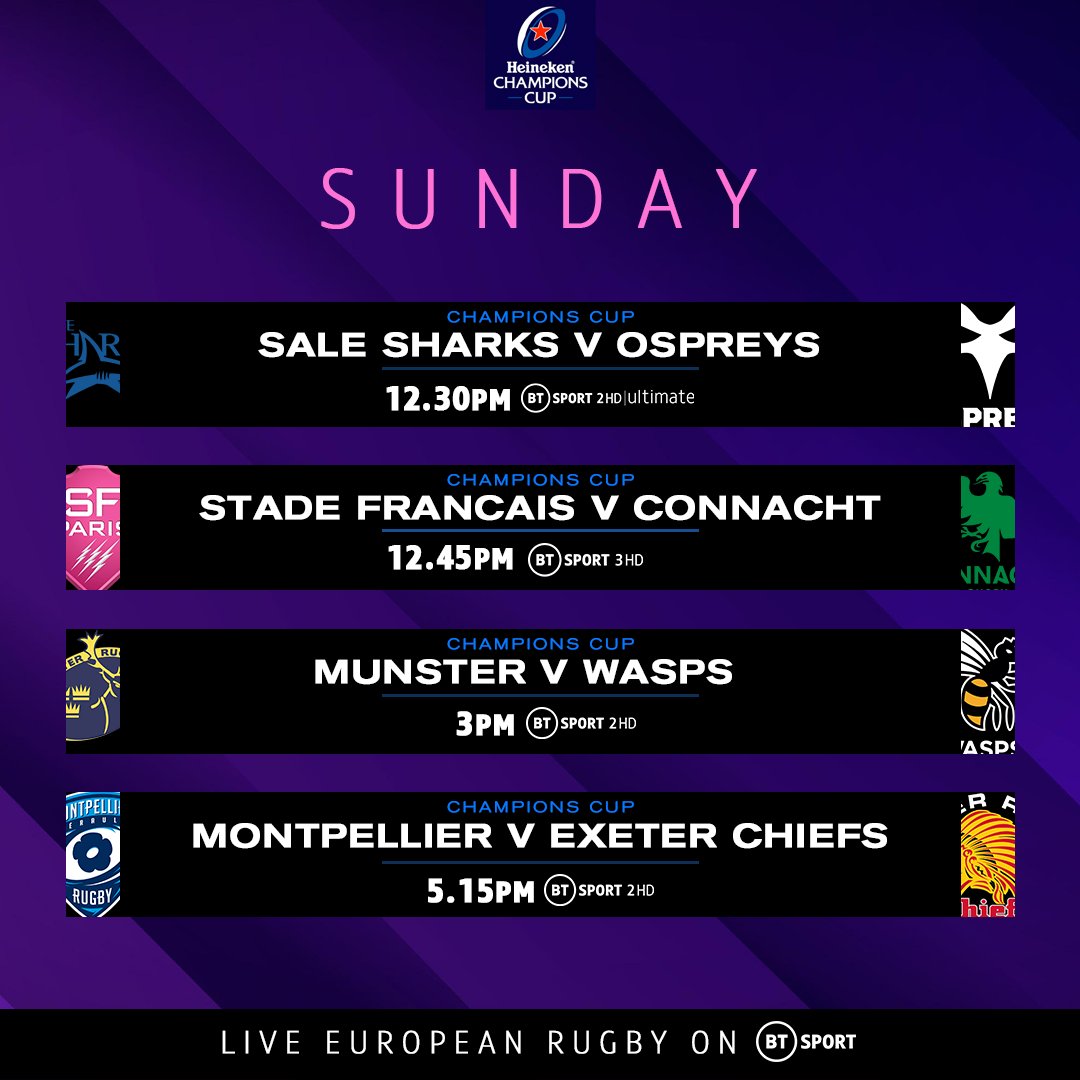 test Twitter Media - The @ChampionsCup Pool Stage comes to a conclusion! 🏆

Which sides will clinch the remaining spots in the last 16?

Live on BT Sport from 12.30pm 📺

#HeinekenChampionsCup https://t.co/ZsZySmmjTw